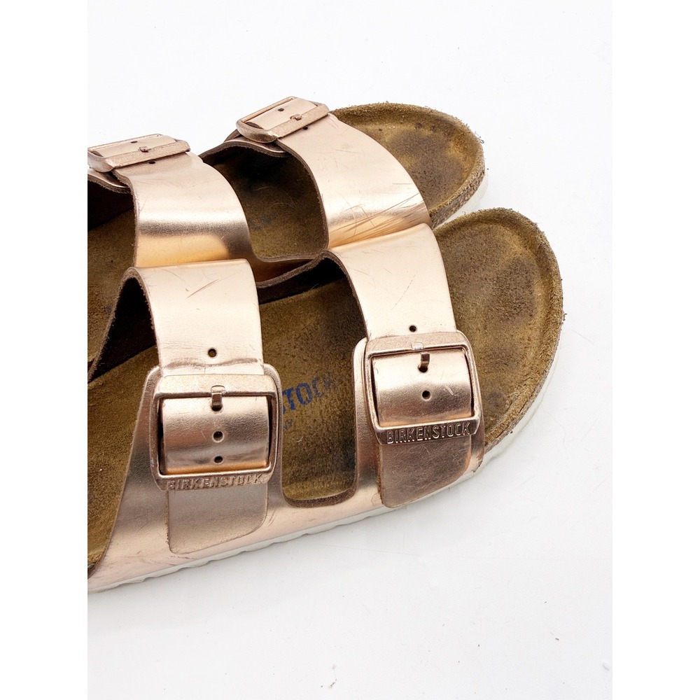 Birkenstock Arizona Metallic Rose Gold Two Strap Slide Sandals 39 L8 M6 - Picture 10 of 11